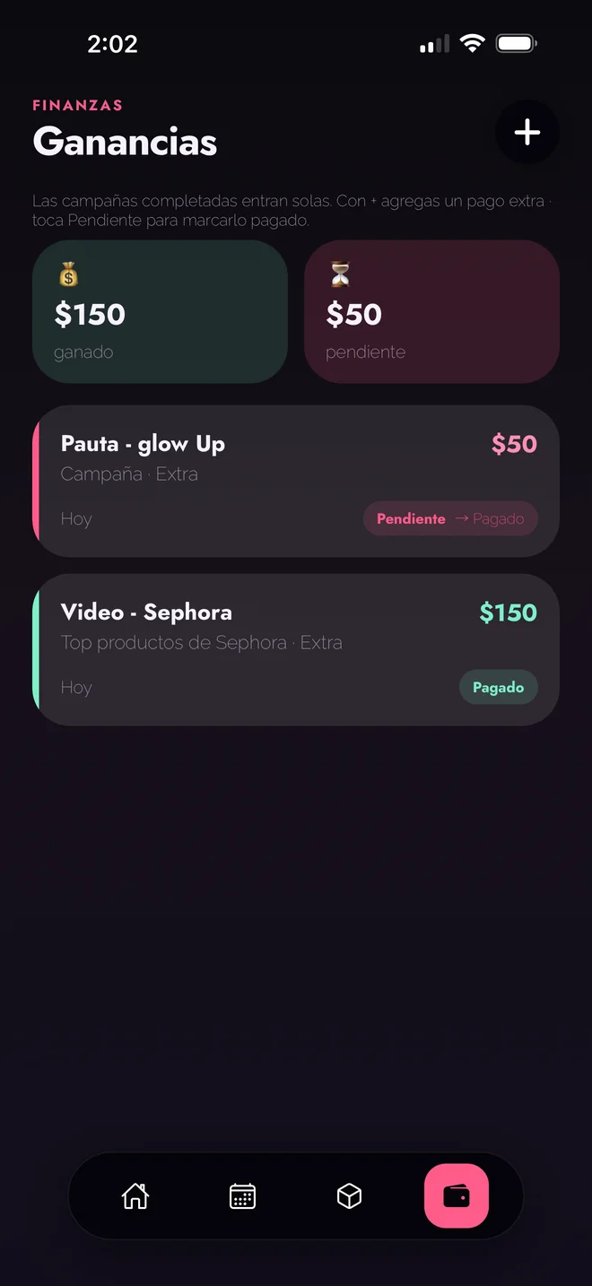 Pantalla de ganancias
