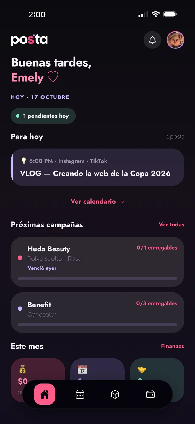 Pantalla de inicio de POSTA